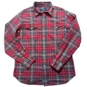Ralph Lauren Men’s Red Plaid Casual Shirt Pearl Snap Buttons Sz. Medium